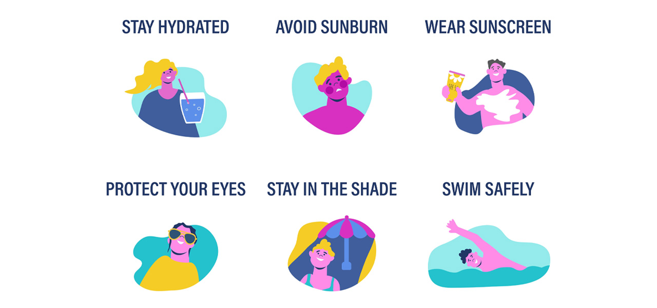 summer health tips: stay hydrated, avoid sunburn, wear sunscreen, protect your eyes, stay in the shade, swim safely